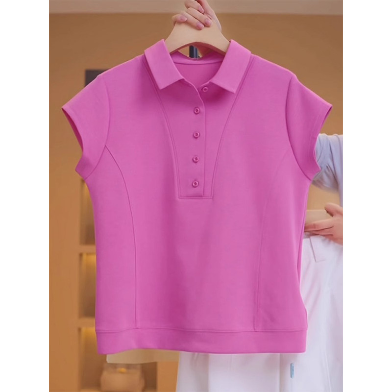 玫粉色翻领短袖T恤女士夏季新款宽松显瘦时尚减龄正肩polo衫上衣