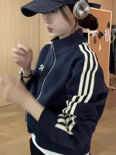 藏青色短款棒球服外套女秋季新款美式覆古小个子宽松立领夹克上衣