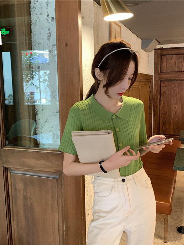 코튼 컬러 2024 봄 여름 새로운 디자인 틈새 반팔 티셔츠 여성 POLO 라펠 짧은 스웨터 탑