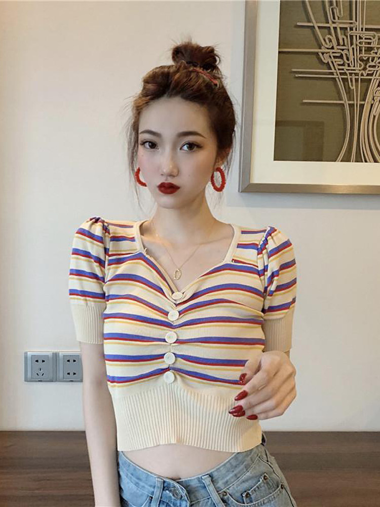 코튼 컬러 2024 봄 여름 새로운 디자인 틈새 반팔 티셔츠 여성 프렌치 스퀘어 넥 짧은 스웨터 탑