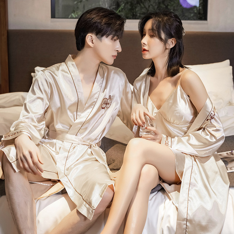 新款丝绸情侣睡袍男女士浴袍性感薄款睡裙吊裙春夏冰丝两件套睡衣