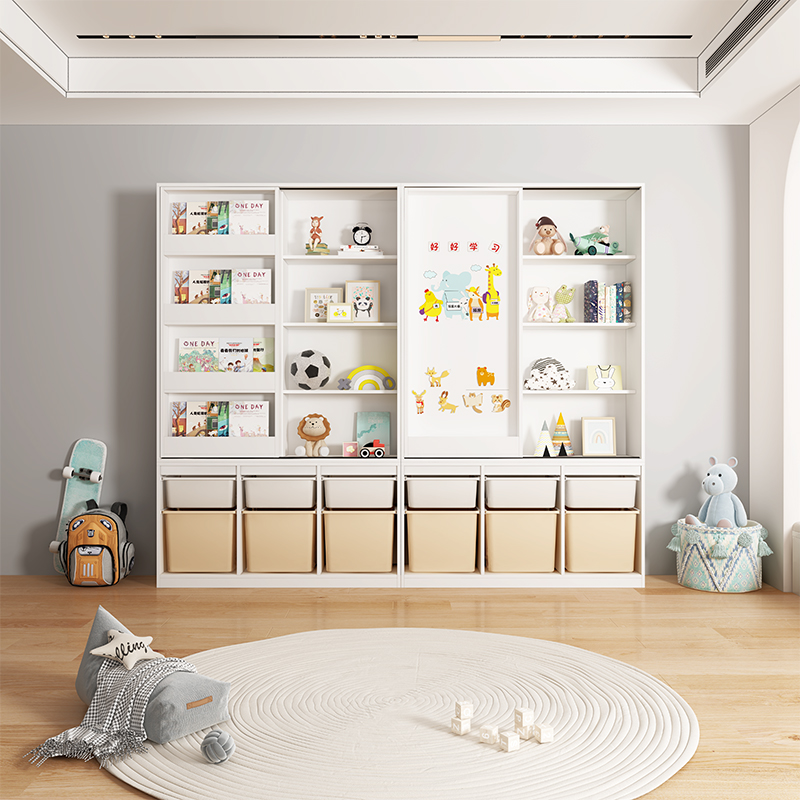 北欧ins风实木宝宝儿童学生书架绘本架收纳柜移门书柜白板环保