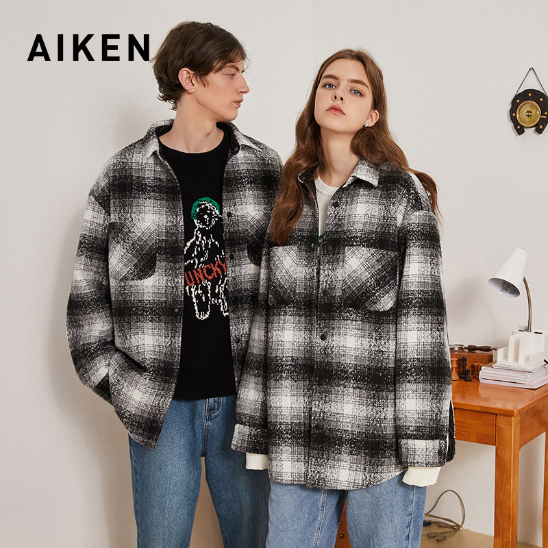 aiken/爱肯2019秋冬男女同款 格子衬衫外套男宽松夹克潮流情侣装