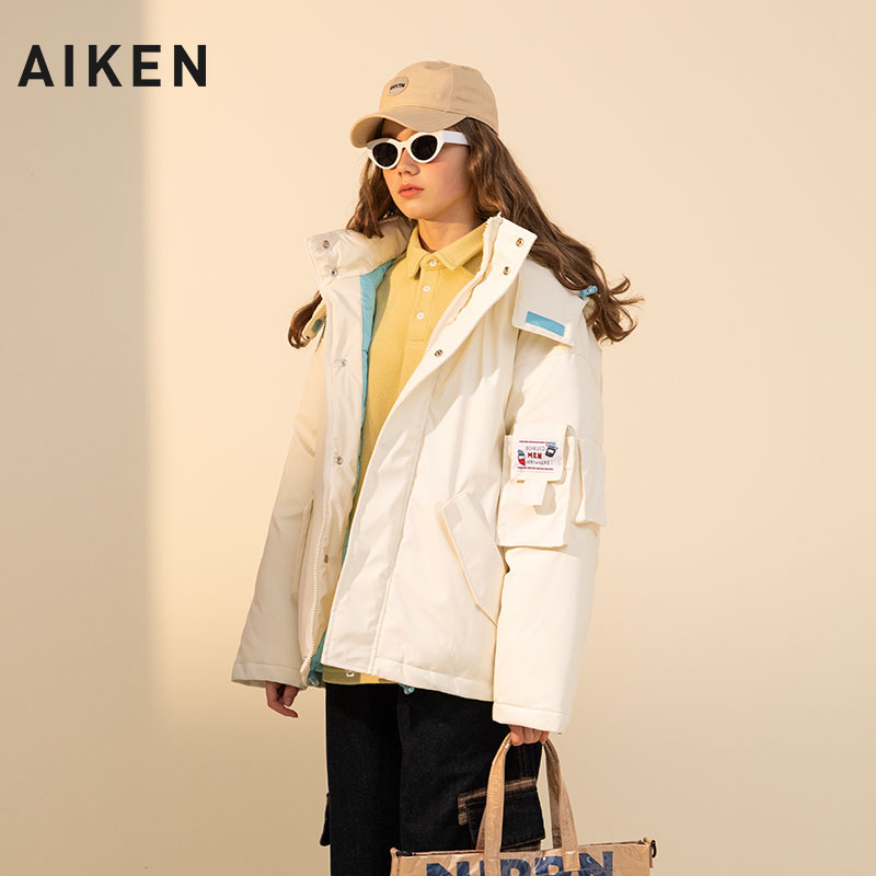 aiken/爱肯2019冬男女同款加厚连帽棉服男中长款棉衣宽松情侣装