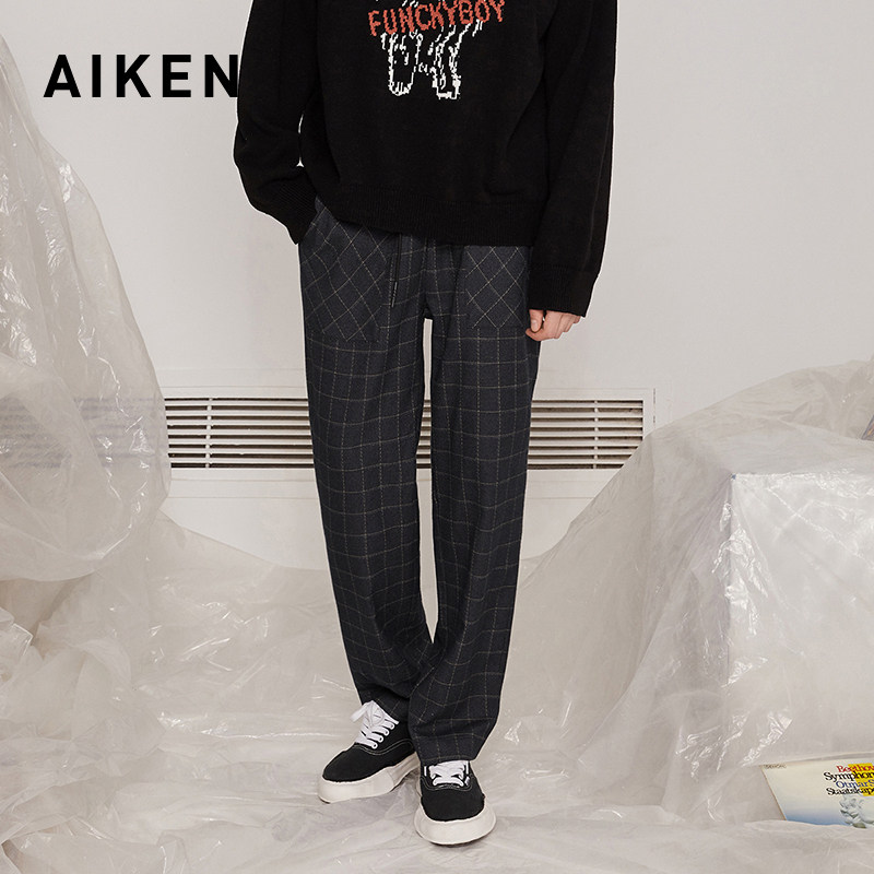 aiken/爱肯2019冬新款休闲裤宽松直筒潮流百搭撞色长裤男