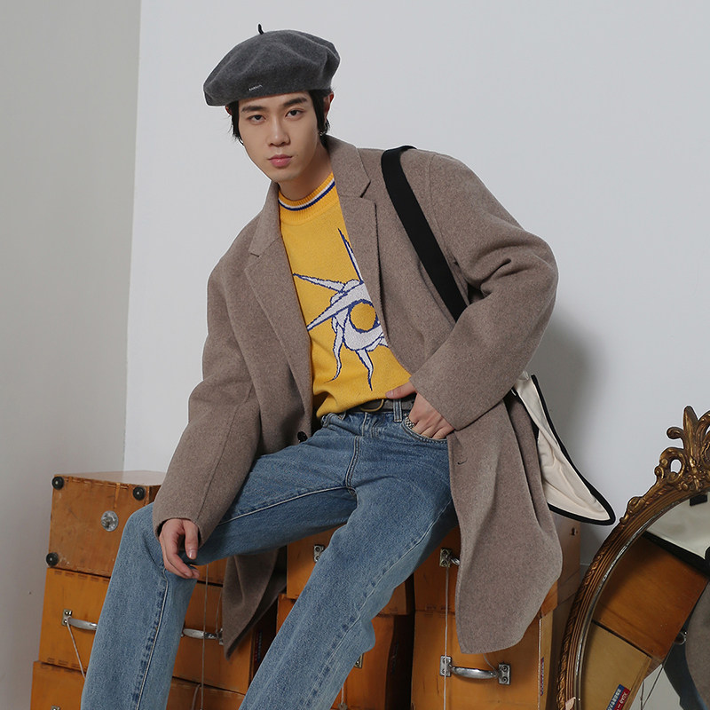 aiken/爱肯2019秋冬新款宽松长款毛呢大衣厚款西装领风衣外套男