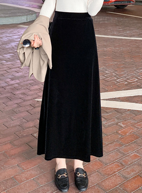 半身裙女2025年秋冬新款时尚高腰遮胯显瘦A摆金丝绒包臀黑色长裙