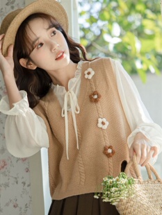 甜美森系马甲衬衫两件套女装初秋季2026新款叠穿雪纺衫上衣超仙女