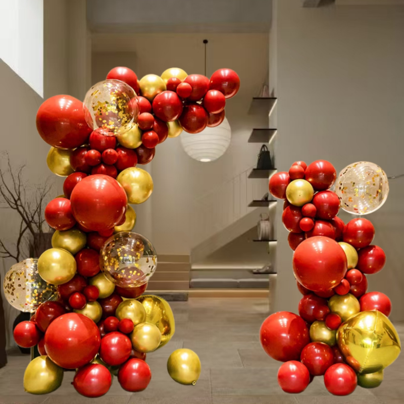 国庆元旦双层宝石红金色气球拱门套装生日派对场景布置装饰氛围感