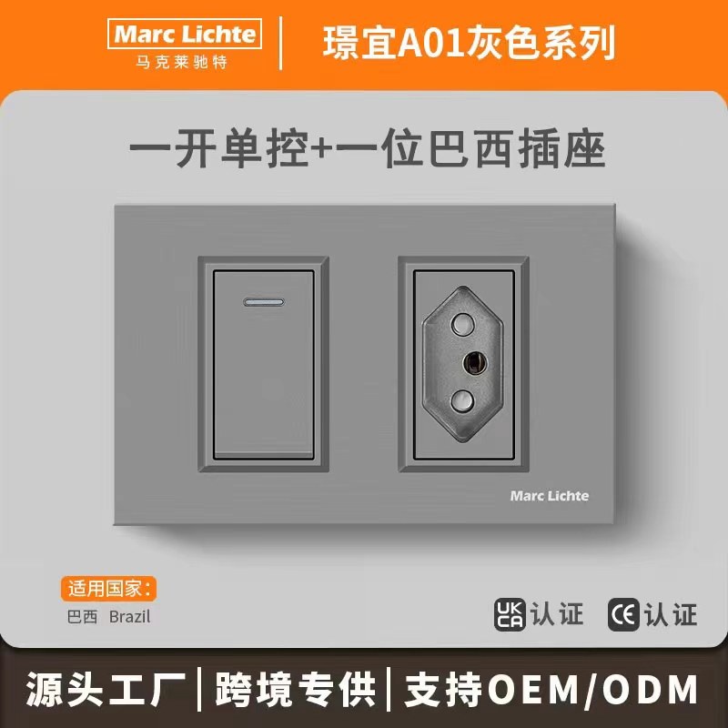 灰色巴西面板一位灯开关带16A三圆柱孔暗装20A巴西规南美洲118型
