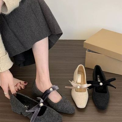 法式高跟鞋女2025冬季灰色呢子玛丽珍毛毛鞋女冬外穿粗跟加绒单鞋
