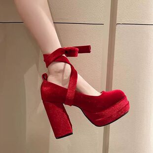 红色厚底lolita玛丽珍高跟鞋女防水台小个子缎面交叉绑带粗跟单鞋