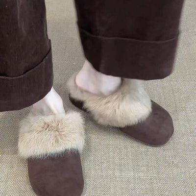 法式加绒包头半拖鞋女外穿2025冬季新款爆款毛毛勃肯棉拖雪地靴