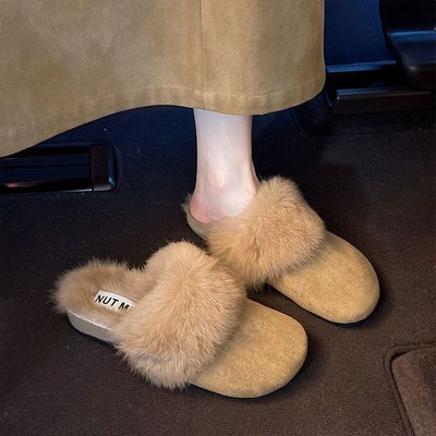 复古厚底包头毛毛拖鞋女外穿2025新款秋冬懒人一脚蹬加绒保暖棉拖