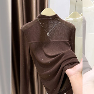 长袖 加绒加厚内搭修身 蕾丝1219e 女秋冬季 高领网纱叠穿亮片打底衫