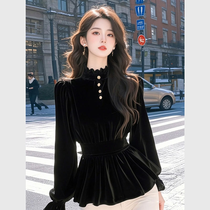 法式独长袖金丝绒打底衬衫女内搭轻奢收腰娃娃衫泡泡袖上衣1208w