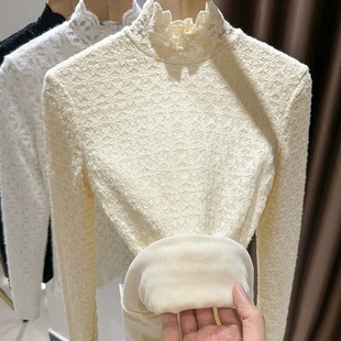 高领蕾丝打底衫 女内搭毛衣洋气秋冬磨毛加厚加绒花边领网纱1219e