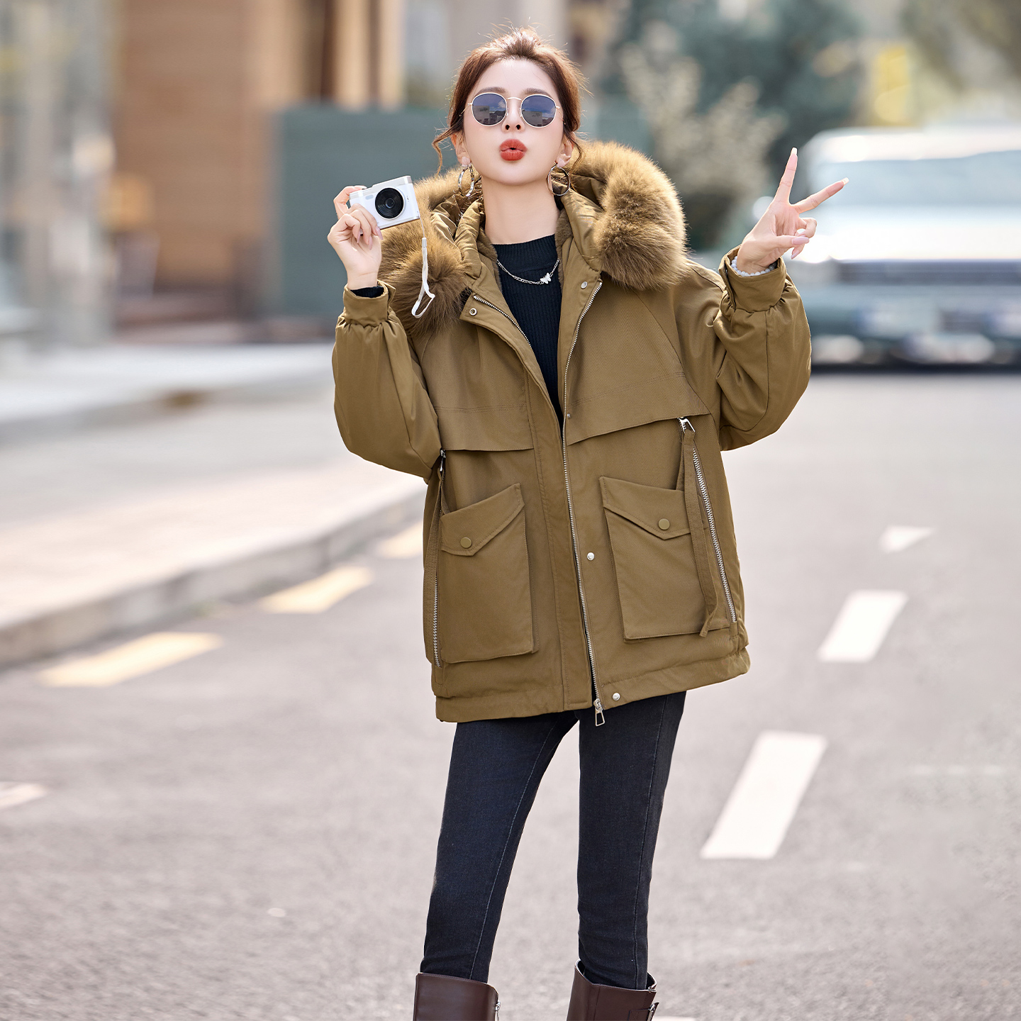 工装风派克服女2025新款大毛领