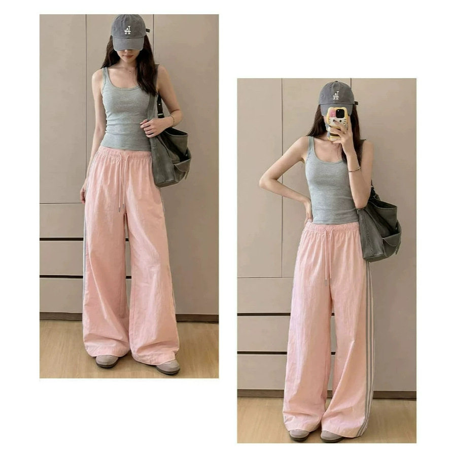 婵兰粉色高腰速干三杠阔腿裤女