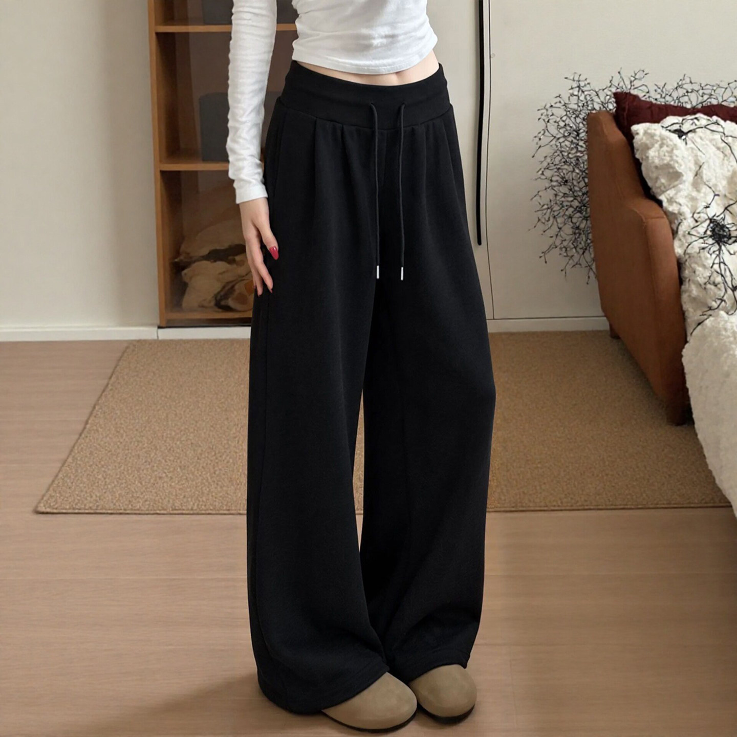 黑色运动裤女款2026新款美式慵懒卫裤小个子秋季低腰宽松阔腿裤子图片