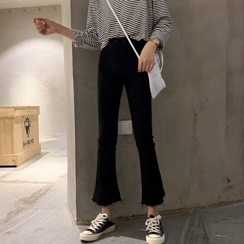 Черные цветные осенние джинсы, штаны, леггинсы, универсальные штаны-клёш, высокая талия, 2019, в корейском стиле, по фигуре