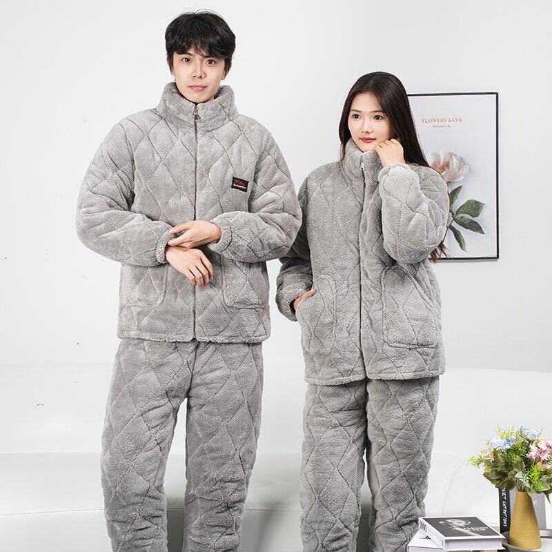冬季睡衣男士加厚拉链立领款夹棉加绒加厚保暖家居服睡衣外穿套装
