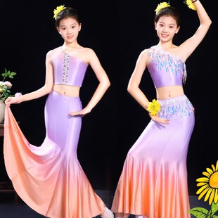 新款儿童傣族舞蹈演出服女童孔雀舞包臀鱼尾裙少儿民族表演服艺考