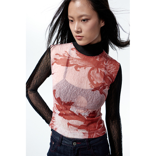 NEONPOND天池秘境 仙萼长春印花拼接弹力网眼/丝绒低领长袖