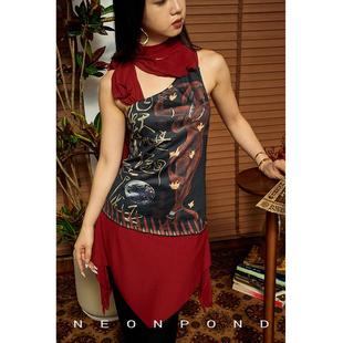NEONPOND天池秘境 巫女舞祭印花高弹麻纱布吊带上衣&连衣裙