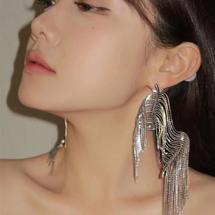 朱珠同款夸张宽流苏耳环女甜酷辣妹波浪粼粼链条耳坠银针耳钉耳夹