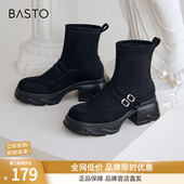 百思图冬商场新款 通勤粗高跟玛丽珍弹力靴瘦瘦靴粗女短靴UJR17DD4