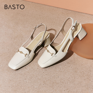 百思图夏季新款商场同款气质方头粗跟后空乐福女凉鞋RJF51BH4