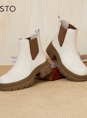 百思图冬商场同款英伦烟筒靴切尔西牛皮靴白色加绒女短靴CD321DD3