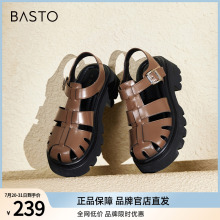 百思图夏季商场新款复古厚底增高编织猪笼鞋女罗马凉鞋E0950BH4
