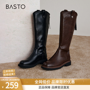 黑色高筒V口骑士靴粗腿显瘦女长靴W2085DG4 时尚 百思图冬季 新款