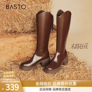 百思图末路狂花冬商场新款 加绒V口显瘦骑士靴女长靴M5301DG4