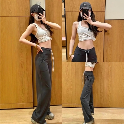 Lu同款瑜伽直筒裤throwback垂感宽松窄阔腿裤女抽绳高腰运动长裤