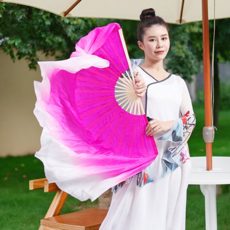 玫红渐变色舞蹈扇子真丝扇