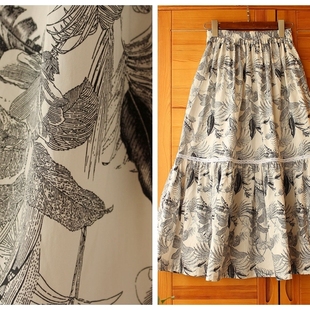 推荐!细腻纯棉半身裙荷叶裙百褶裙休闲裙双侧口袋热带雨林黑白花