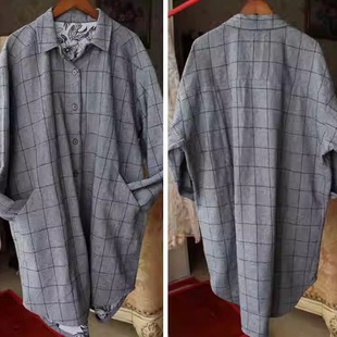 宽宽松松很好穿棉麻格子大衬衣外套 内衬是黑白花薄麻