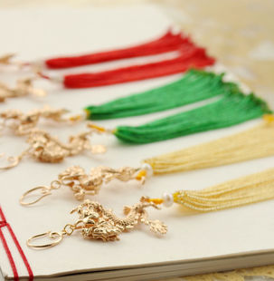 腾飞中国龙耳环 原创中式珠穗流苏耳环新中式龙耳饰 金色红色绿色