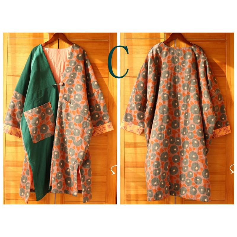 独家棉袍！墨绿花色复古宽松棉麻薄棉衣外套