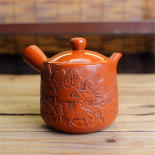 千羽拭老朱泥侧把急须壶 芳石刻 日本常滑烧已故匠人 梅原玉堂作