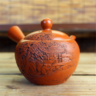 日本常滑烧已故名家 老朱泥立体雕横手侧把泡茶急须壶 肥田箐圃作