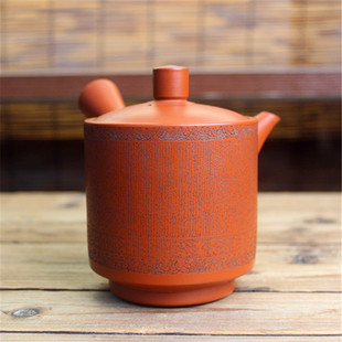 日本常滑烧已故名家水上晓山作朱泥微雕刻小仓百人一首诗侧把急须