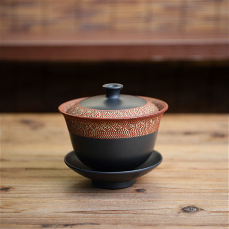 日本常滑烧宝生庵高资窑 矶部辉之作 朱泥熏黑印花三才盖碗茶具器