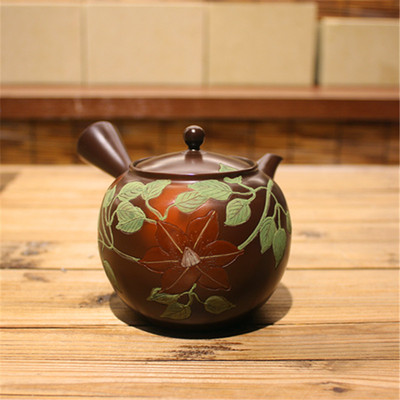 常滑烧隐退刻绘红椿横手急须壶