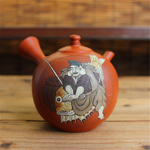 日本常滑烧 吉川壶堂刻村越风月作 惠比寿彩雕横手侧把急须泡茶壶