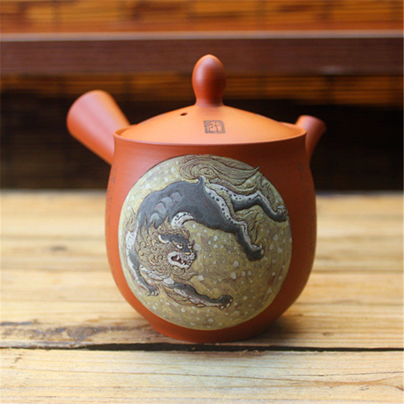 日本常滑烧吉川壶堂雕刻狮子弘二作 朱泥横手侧把泡茶急须茶壶