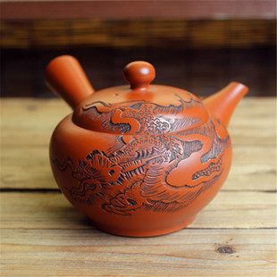 日本常滑烧已故匠人玉春作 老朱泥龙雕横手侧把泡茶日本急须茶壶